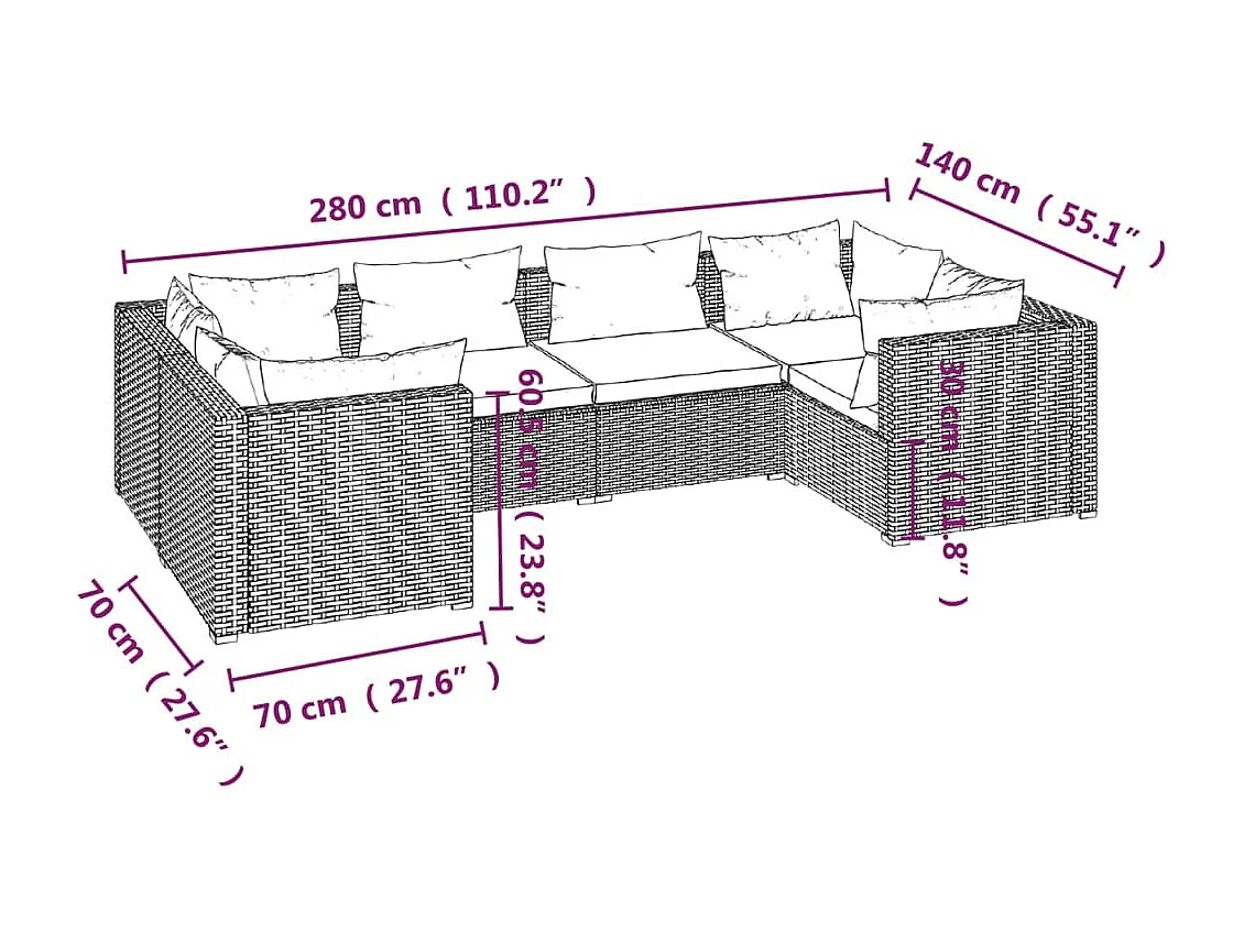 Salon de jardin 6 pcs avec coussins Résine tressée Marron 12