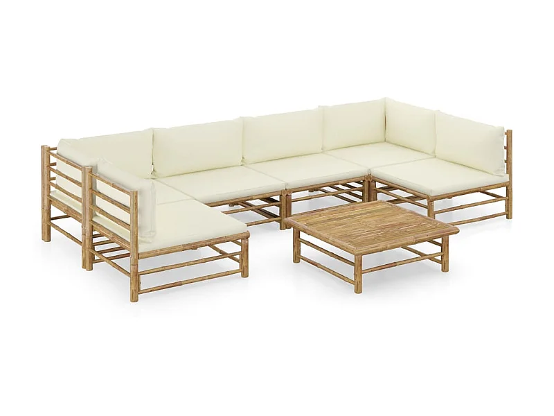 Salon de jardin 7 pcs avec coussins blanc crème Bambou 4