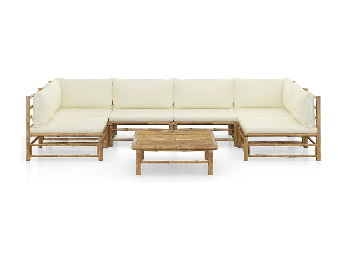 Salon de jardin 7 pcs avec coussins blanc crème Bambou 4