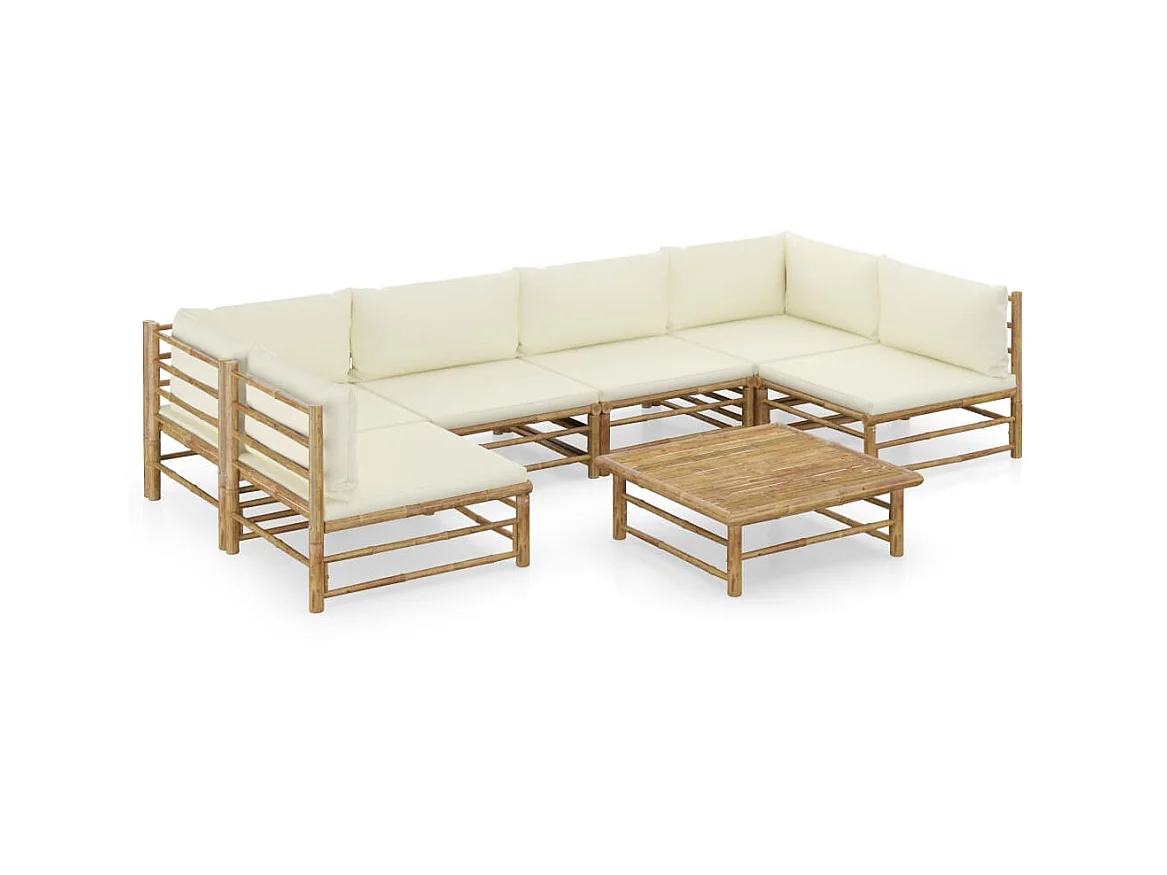 Salon de jardin 7 pcs avec coussins blanc crème Bambou 4