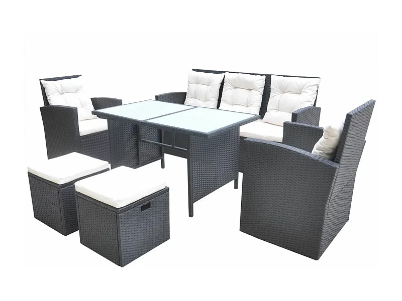 Mobilier à dîner de jardin 6pcs et coussins Résine tressée Noir
