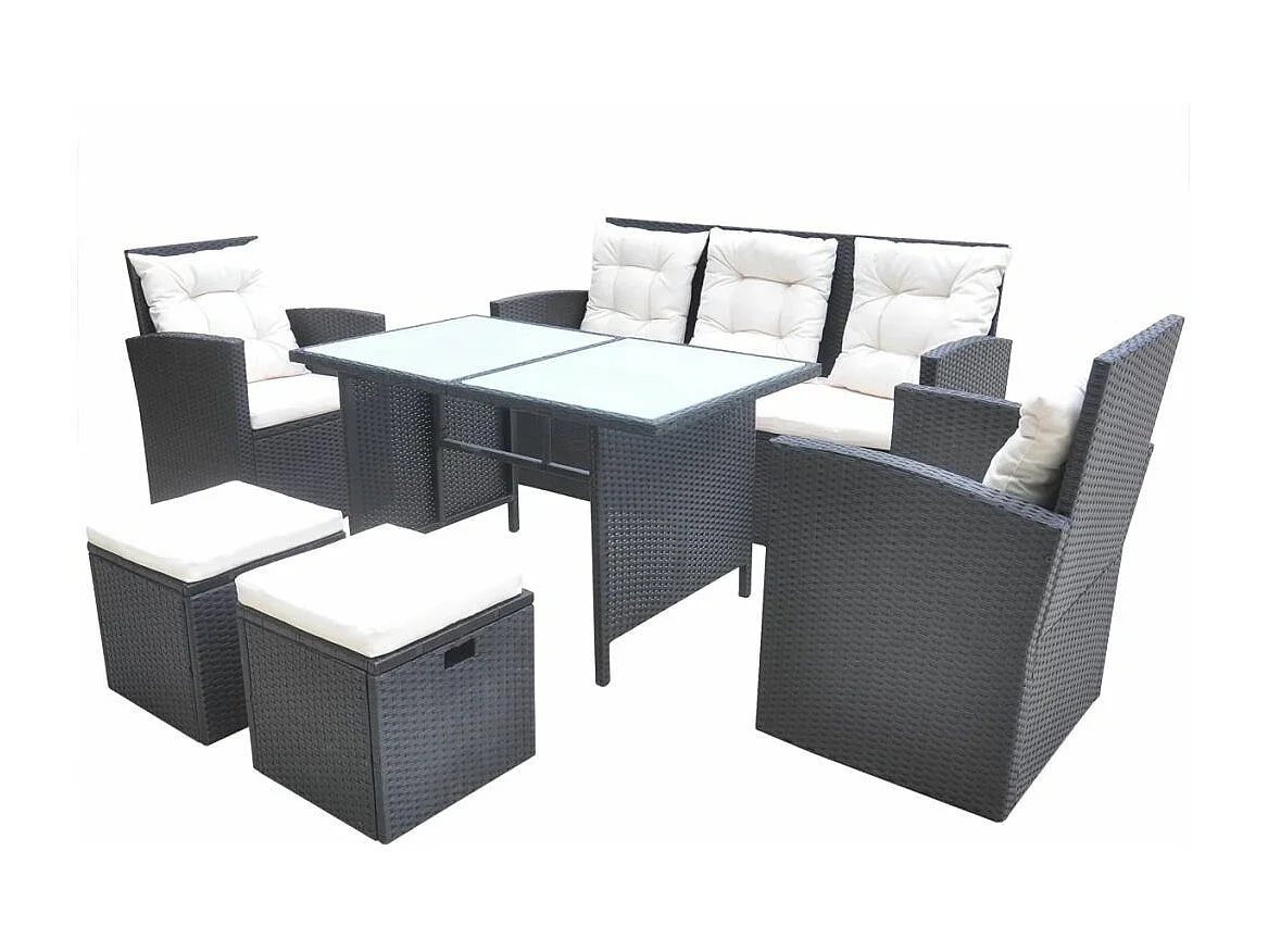 Mobilier à dîner de jardin 6pcs et coussins Résine tressée Noir
