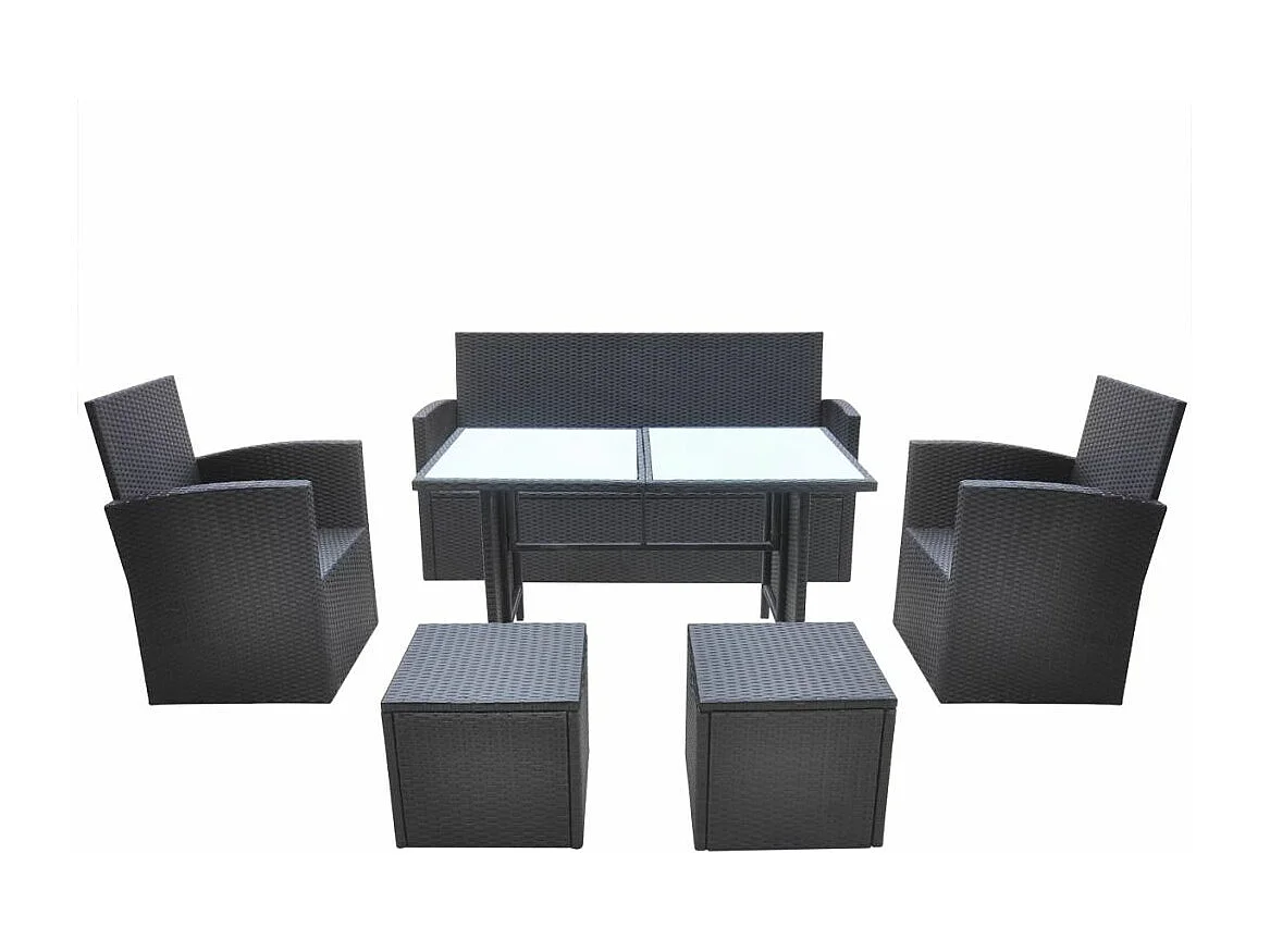 Mobilier à dîner de jardin 6pcs et coussins Résine tressée Noir