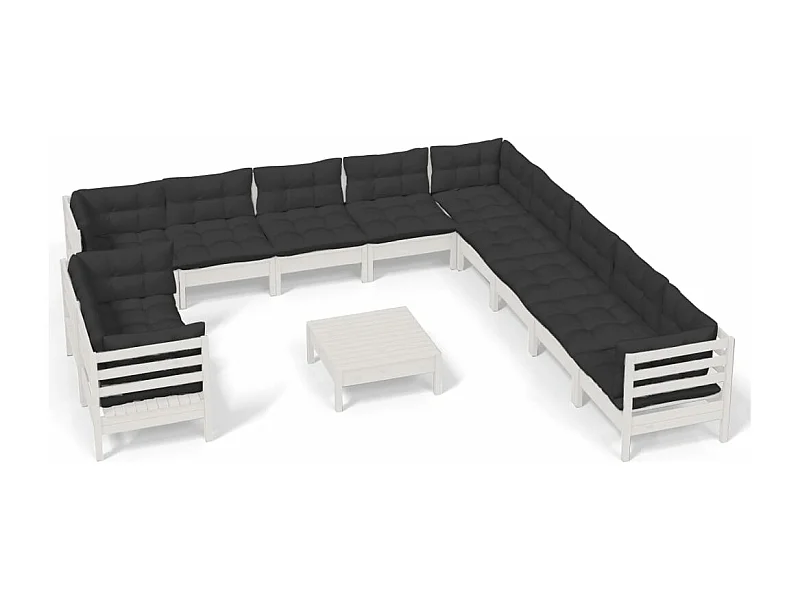 Salon de jardin 12 pcs avec coussins Blanc Bois de pin massif
