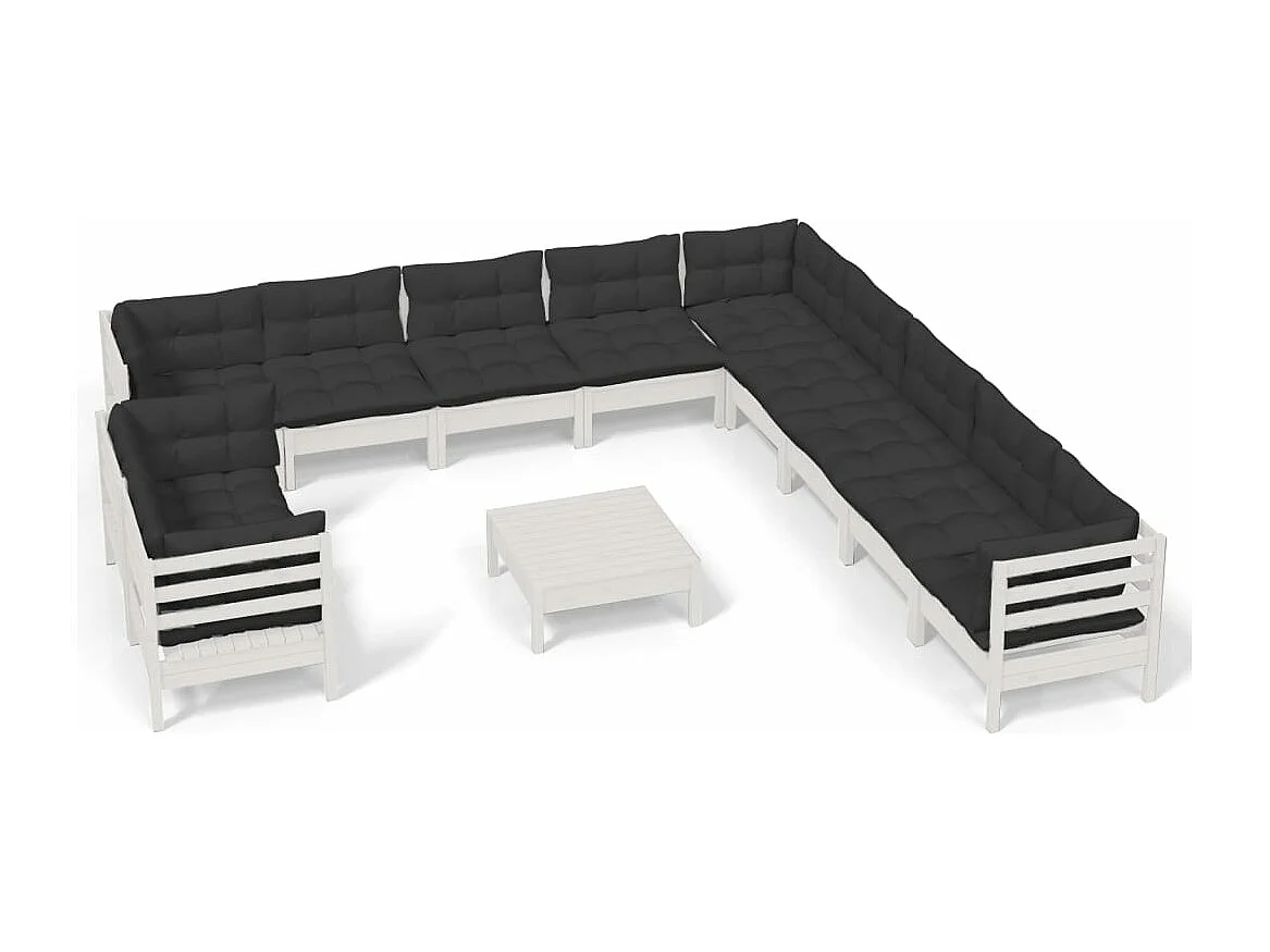Salon de jardin 12 pcs avec coussins Blanc Bois de pin massif