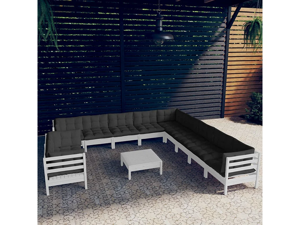 Salon de jardin 12 pcs avec coussins Blanc Bois de pin massif