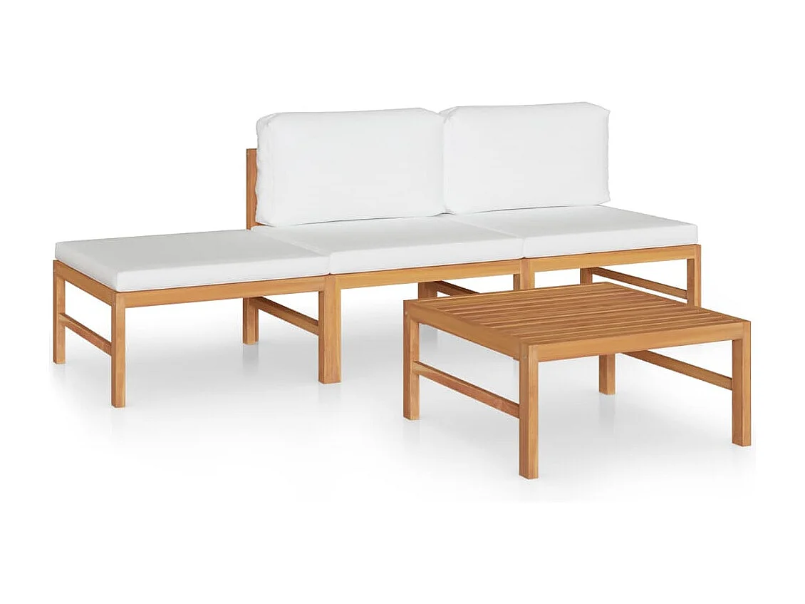 Salon de jardin 4 pcs avec coussins crème Bois de teck solide