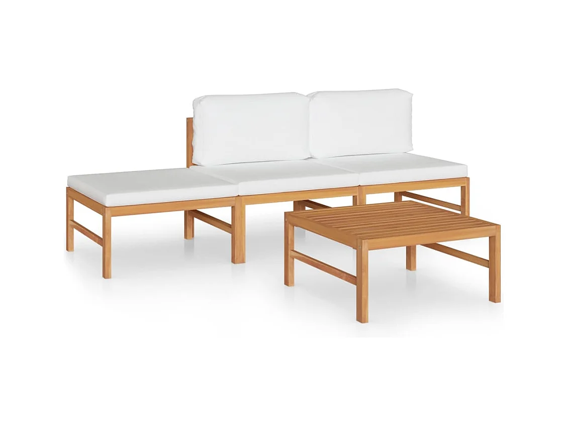 Salon de jardin 4 pcs avec coussins crème Bois de teck solide