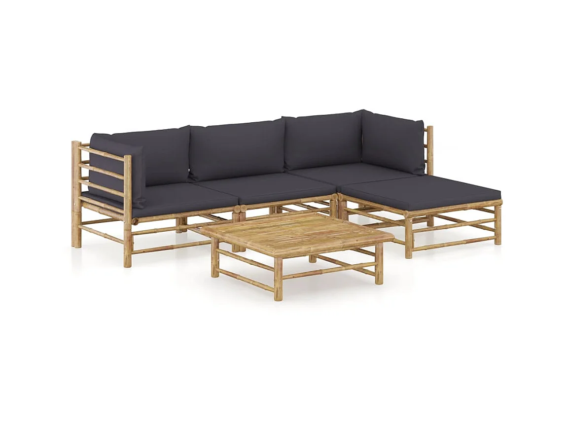Salon de jardin 5 pcs avec coussins gris foncé Bambou