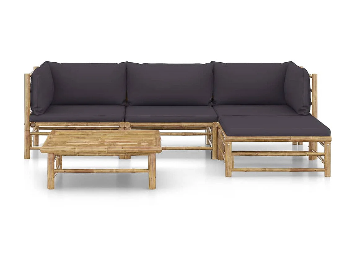 Salon de jardin 5 pcs avec coussins gris foncé Bambou