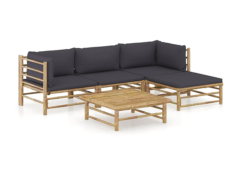 Salon de jardin 5 pcs avec coussins gris foncé Bambou