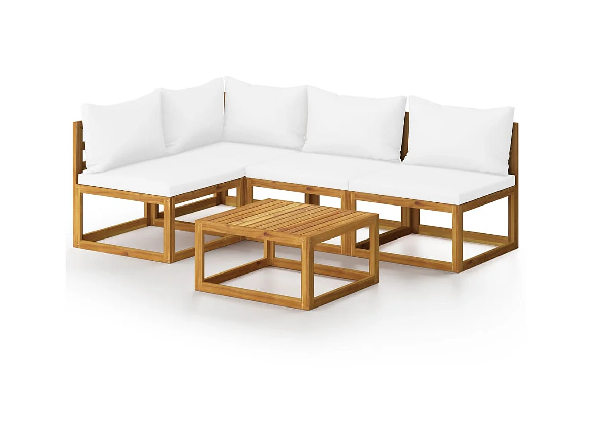 Salon de jardin 5 pcs avec coussin Crème Bois d'acacia solide 3