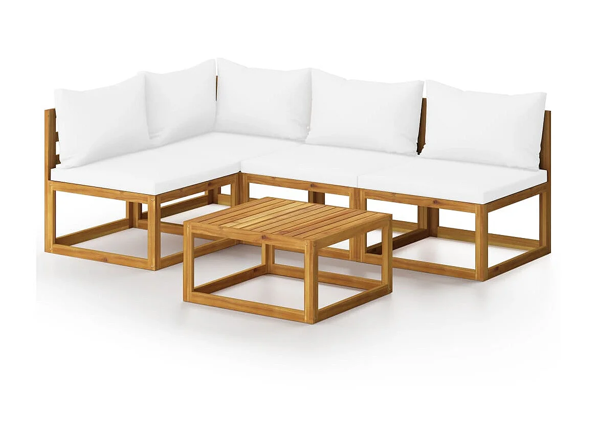 Salon de jardin 5 pcs avec coussin Crème Bois d'acacia solide 3