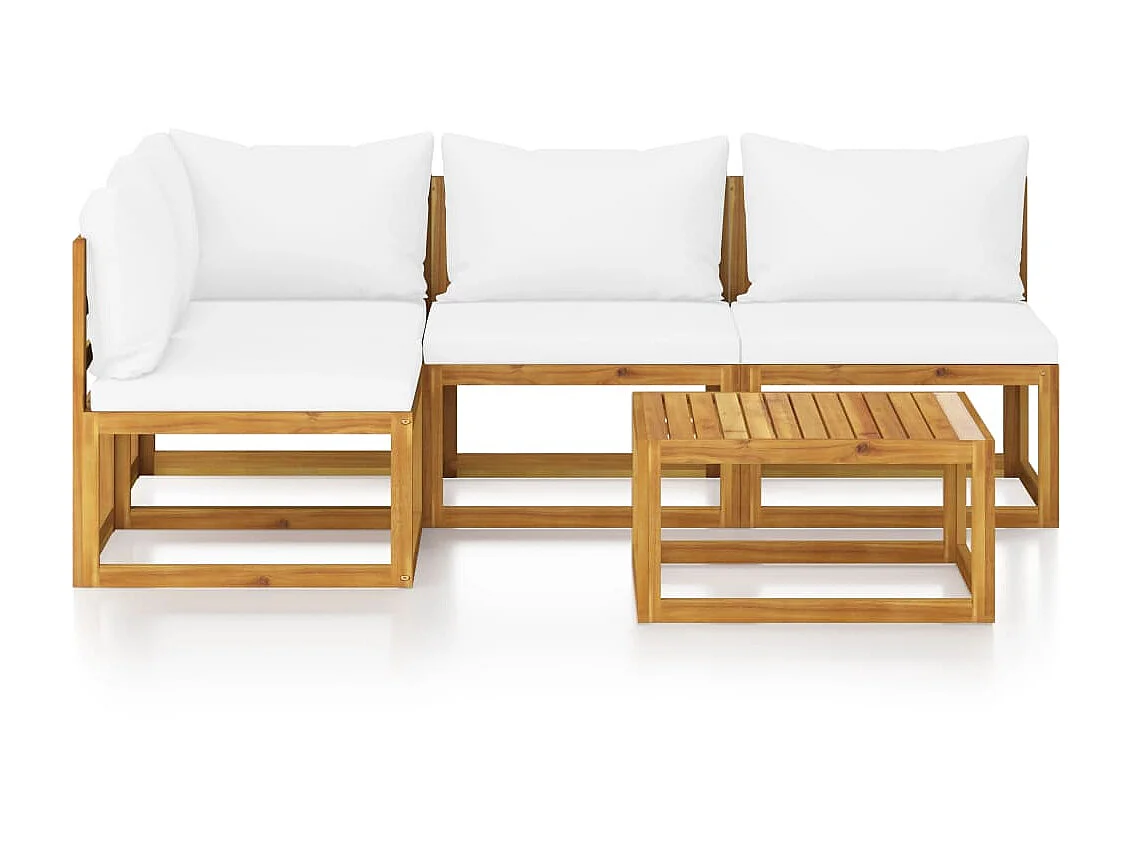 Salon de jardin 5 pcs avec coussin Crème Bois d'acacia solide 3