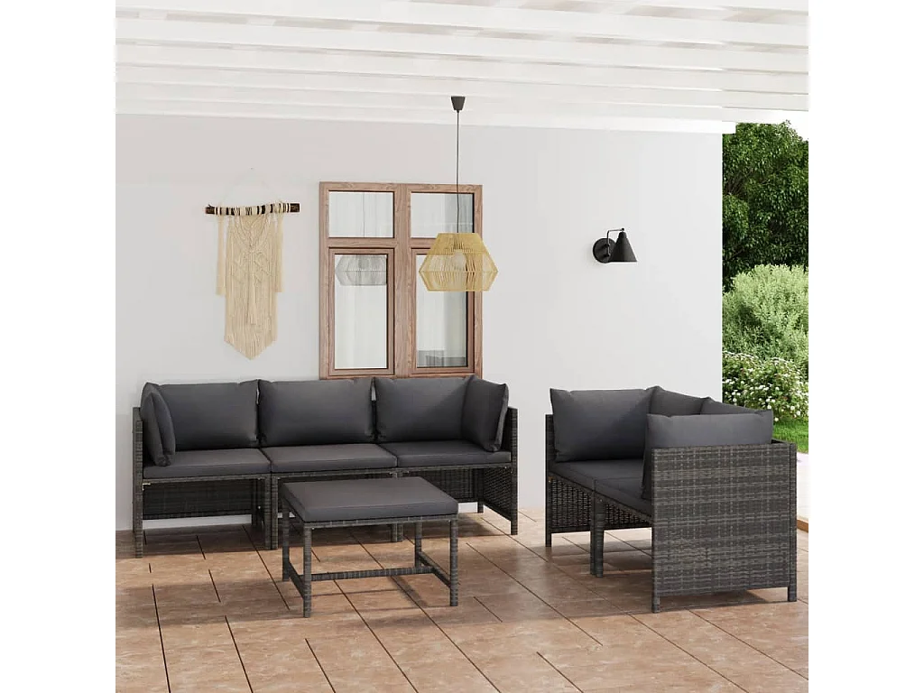 Salon de jardin 6 pcs avec coussins Résine tressée Gris 17