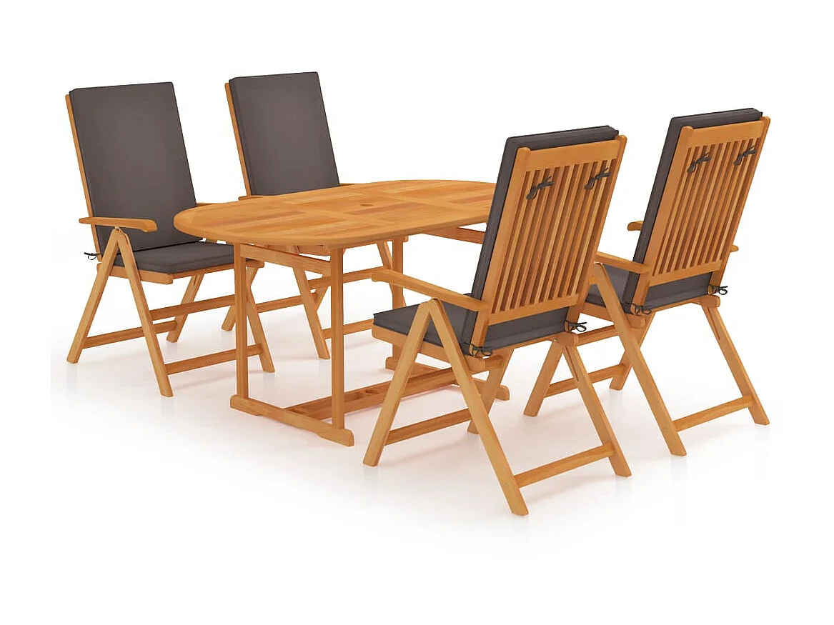 5-delige Tuinset met grijze kussens massief teakhout