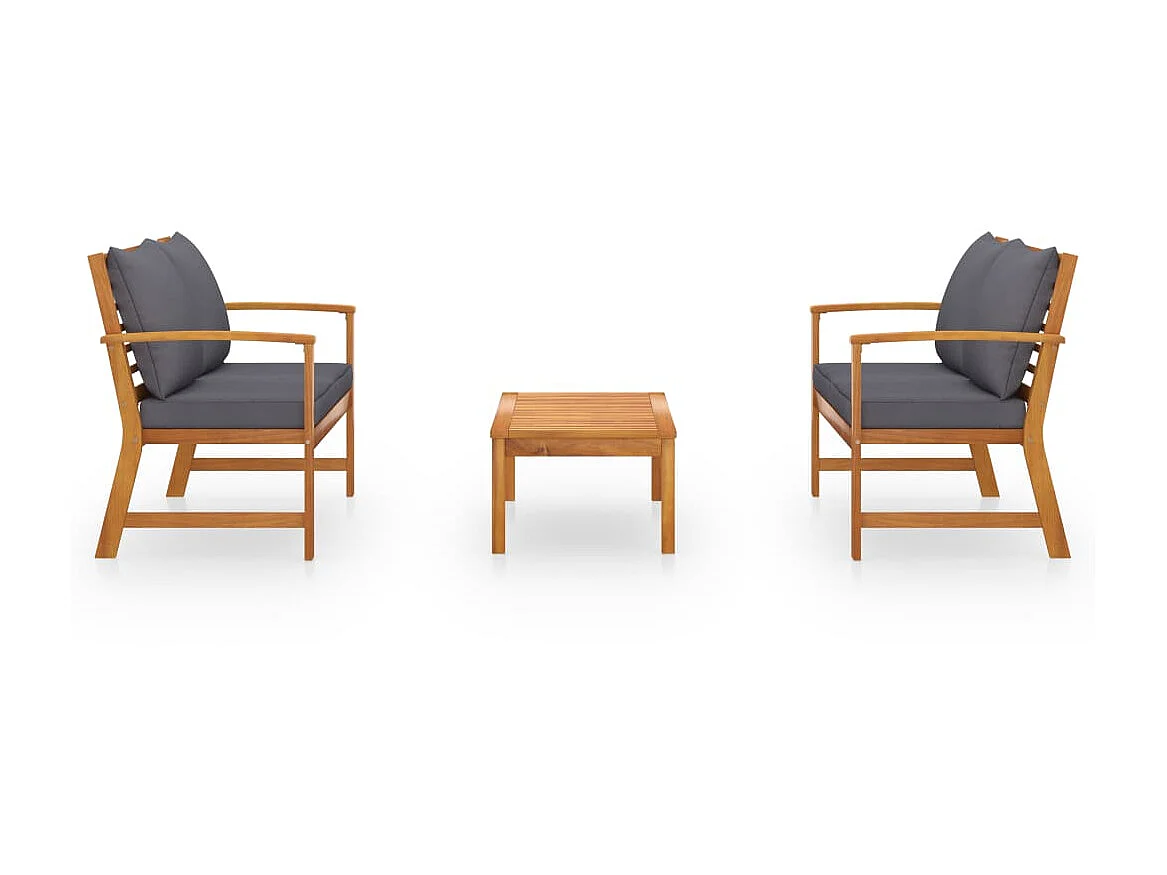 Salon de jardin 3 pcs avec coussin Bois d'acacia solide