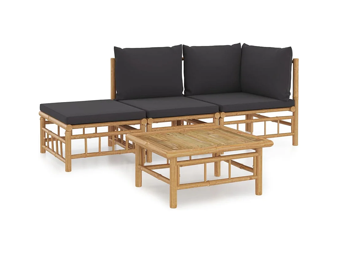 Salon de jardin 4 pcs avec coussins gris foncé bambou
