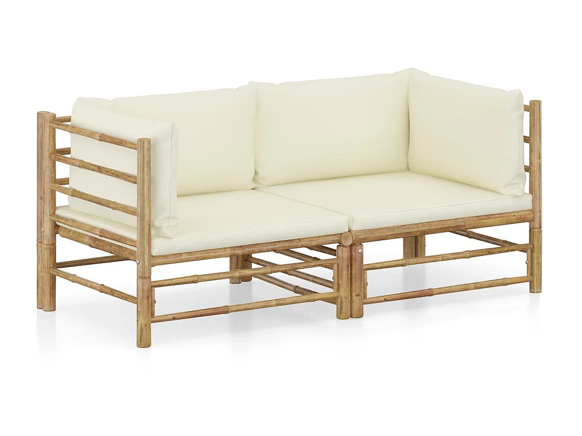 Canapés de jardin 2 pcs avec coussins blanc crème Bambou