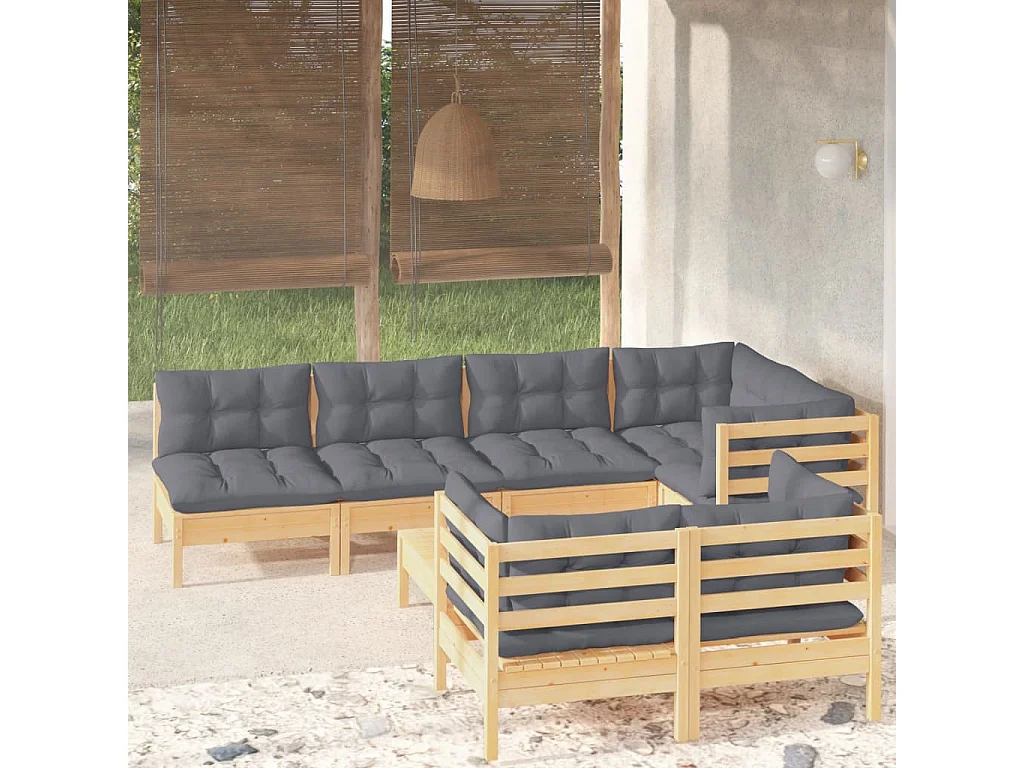 Salon de jardin 8 pcs avec coussins gris Bois de pin massif 4