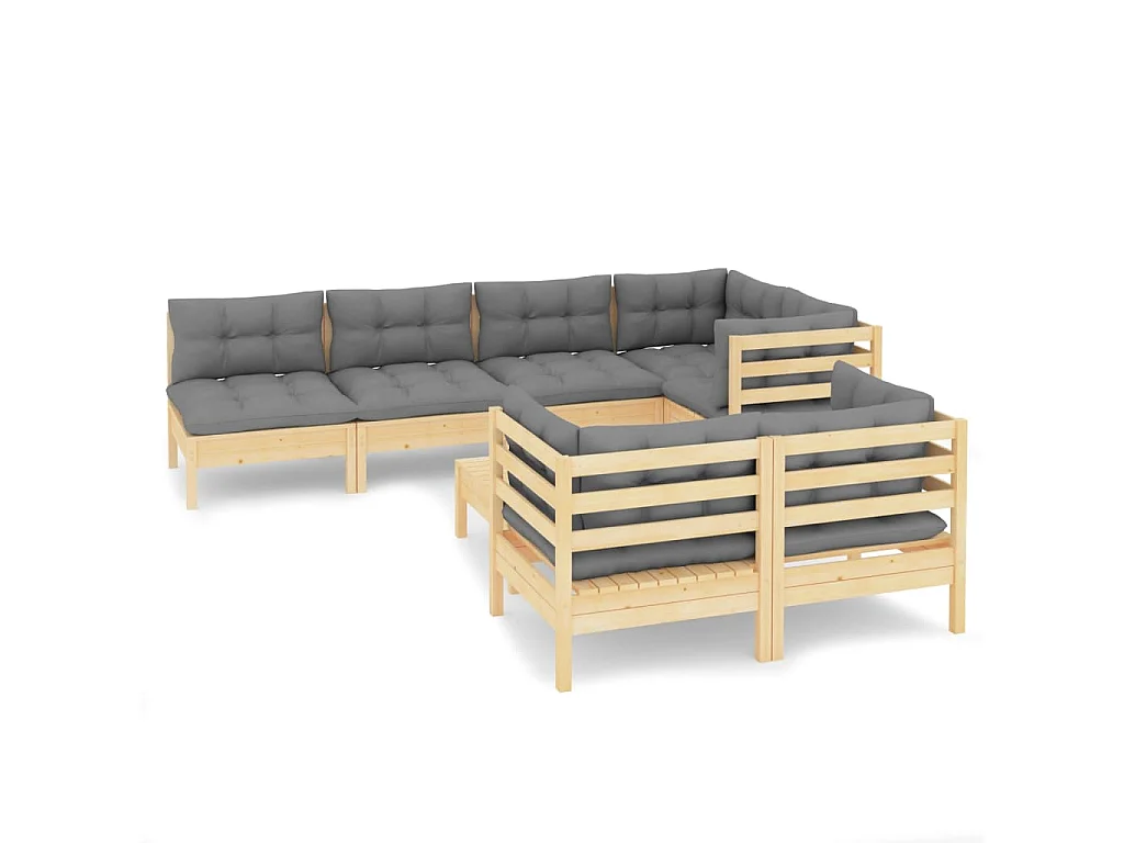 Salon de jardin 8 pcs avec coussins gris Bois de pin massif 4