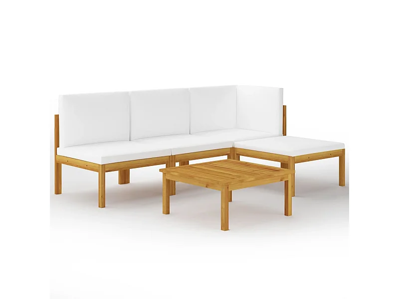 Salon de jardin 5 pcs avec coussins Crème Bois d'acacia solide 2