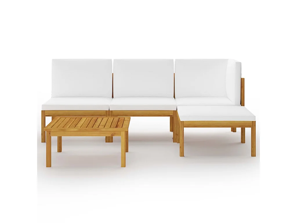 Salon de jardin 5 pcs avec coussins Crème Bois d'acacia solide 2