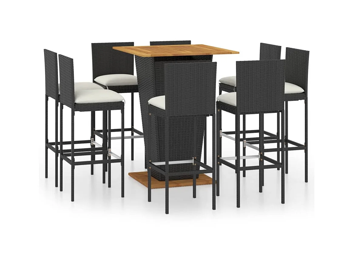 Ensemble de bar de jardin 9 pcs et coussins Résine tressée Noir 4