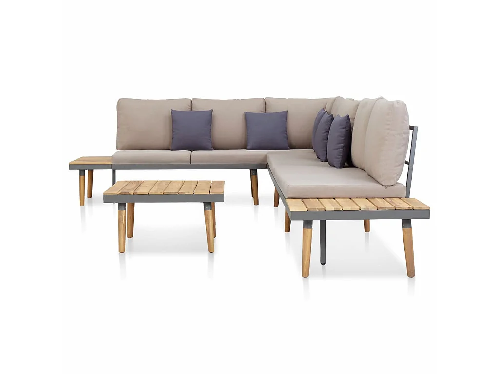 Juego muebles de jardín 7 plazas y cojines madera acacia marrón