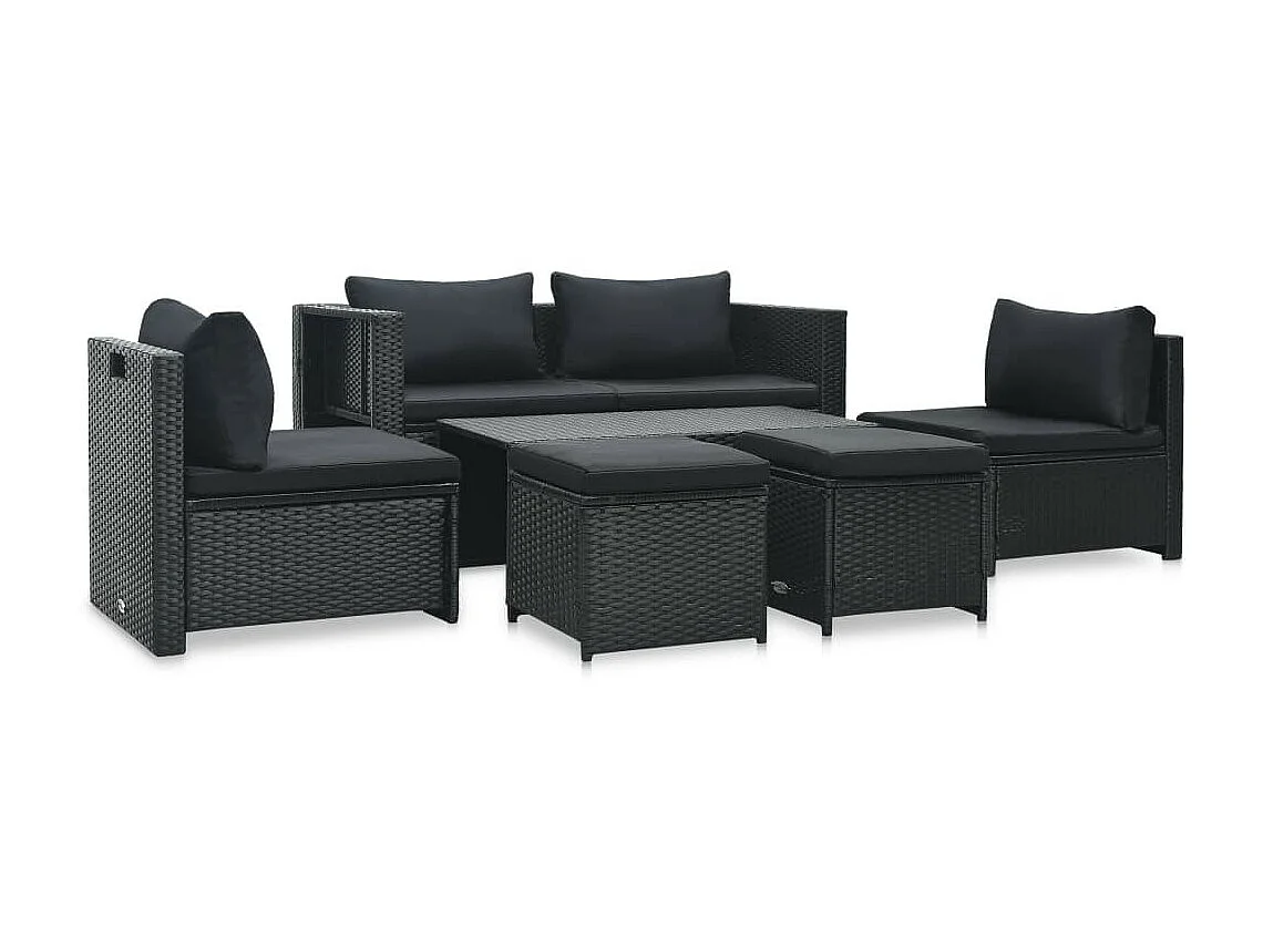 Salon de jardin 6 pcs avec coussins Résine tressée Noir 37