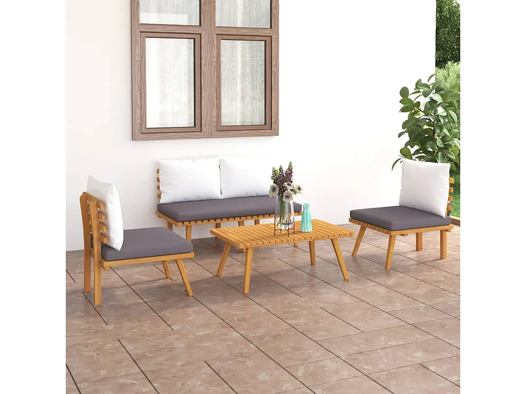Salon de jardin 4 pcs avec coussins Bois d'acacia solide 3