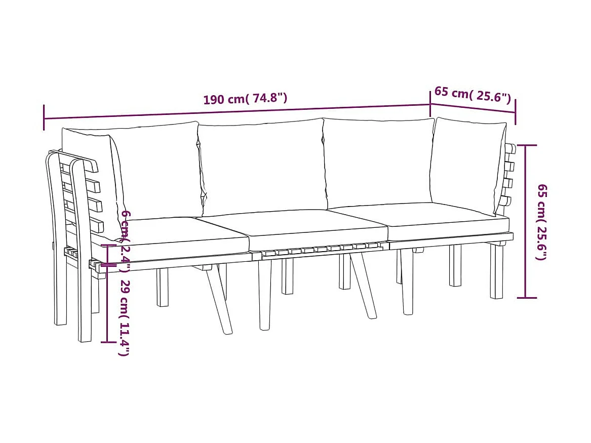 Salon de jardin 3 pcs avec coussins Bois d'acacia solide 5