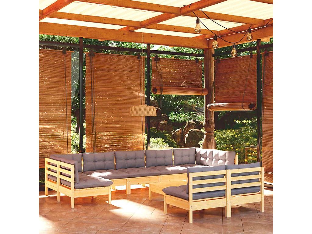 Salon de jardin 10 pcs avec coussins gris Bois de pin massif 6