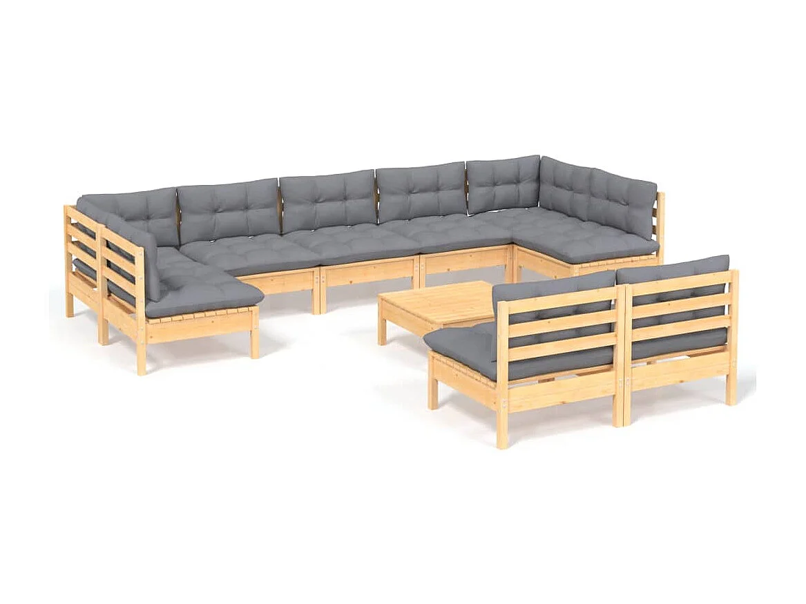 Salon de jardin 10 pcs avec coussins gris Bois de pin massif 6