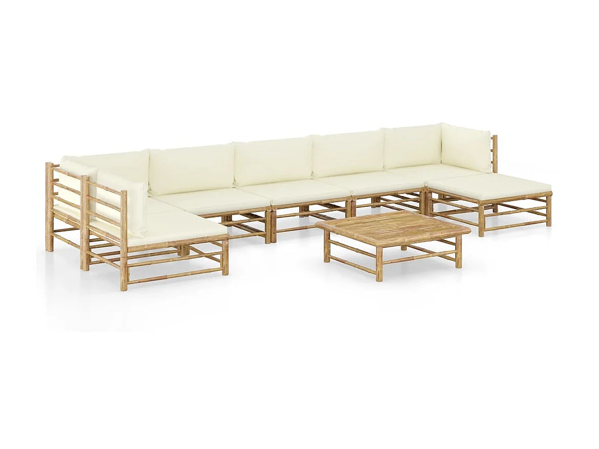 Salon de jardin 8 pcs avec coussins blanc crème Bambou 2