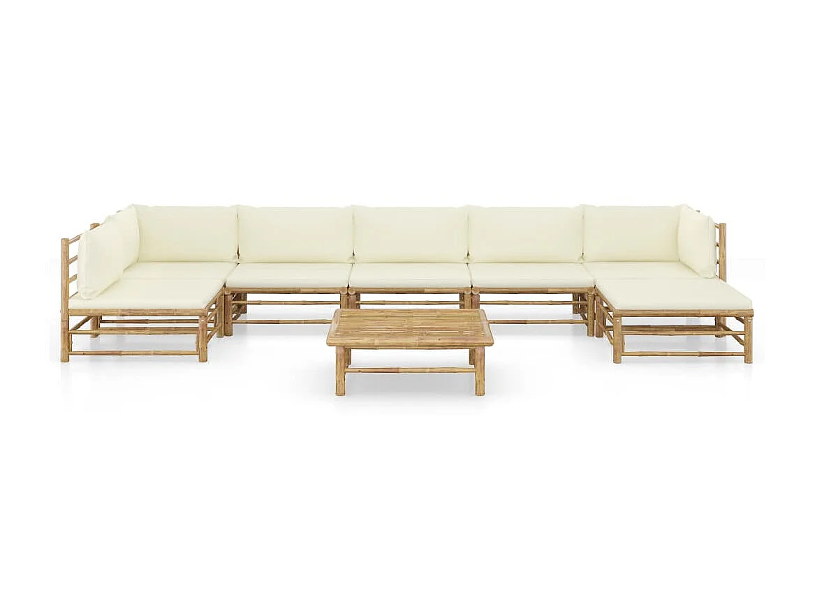 Salon de jardin 8 pcs avec coussins blanc crème Bambou 2