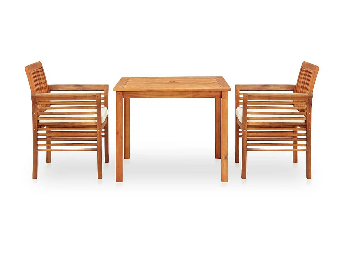 Mobilier à dîner d'extérieur 3 pcs et coussins Acacia solide