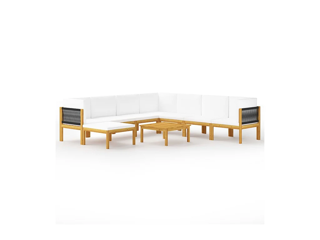 Salon de jardin 9 pcs avec coussins Crème Bois d'acacia solide 2