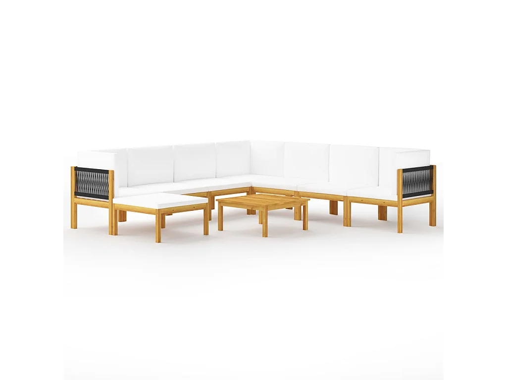 Salon de jardin 9 pcs avec coussins Crème Bois d'acacia solide 2