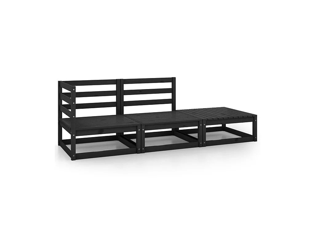 Salon de jardin 3 pcs Noir Bois de pin massif 2