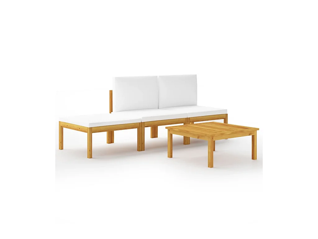 Salon de jardin 4 pcs avec coussins Crème Bois d'acacia solide 3