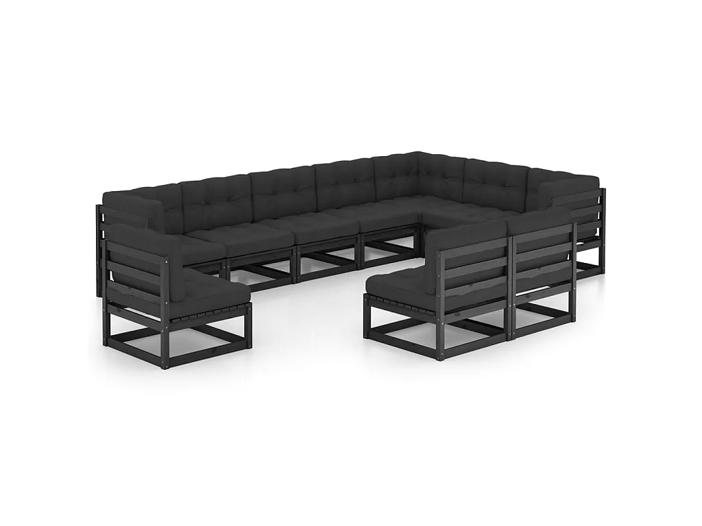 Salon de jardin 10 pcs avec coussins Noir Bois de pin massif 9