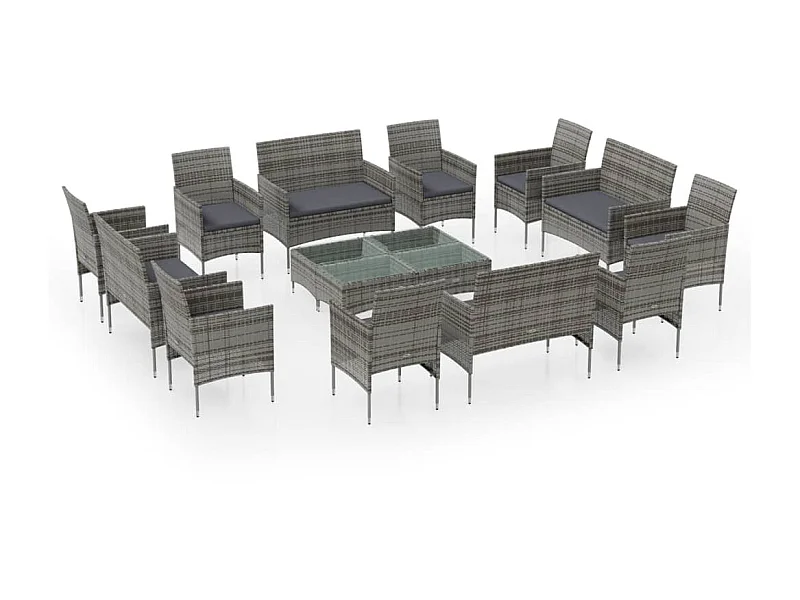 Salon de jardin 16 pcs avec coussins Résine tressée Gris