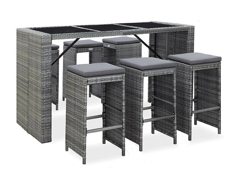 Meuble de bar de jardin 7 pcs et coussins Résine tressée Gris