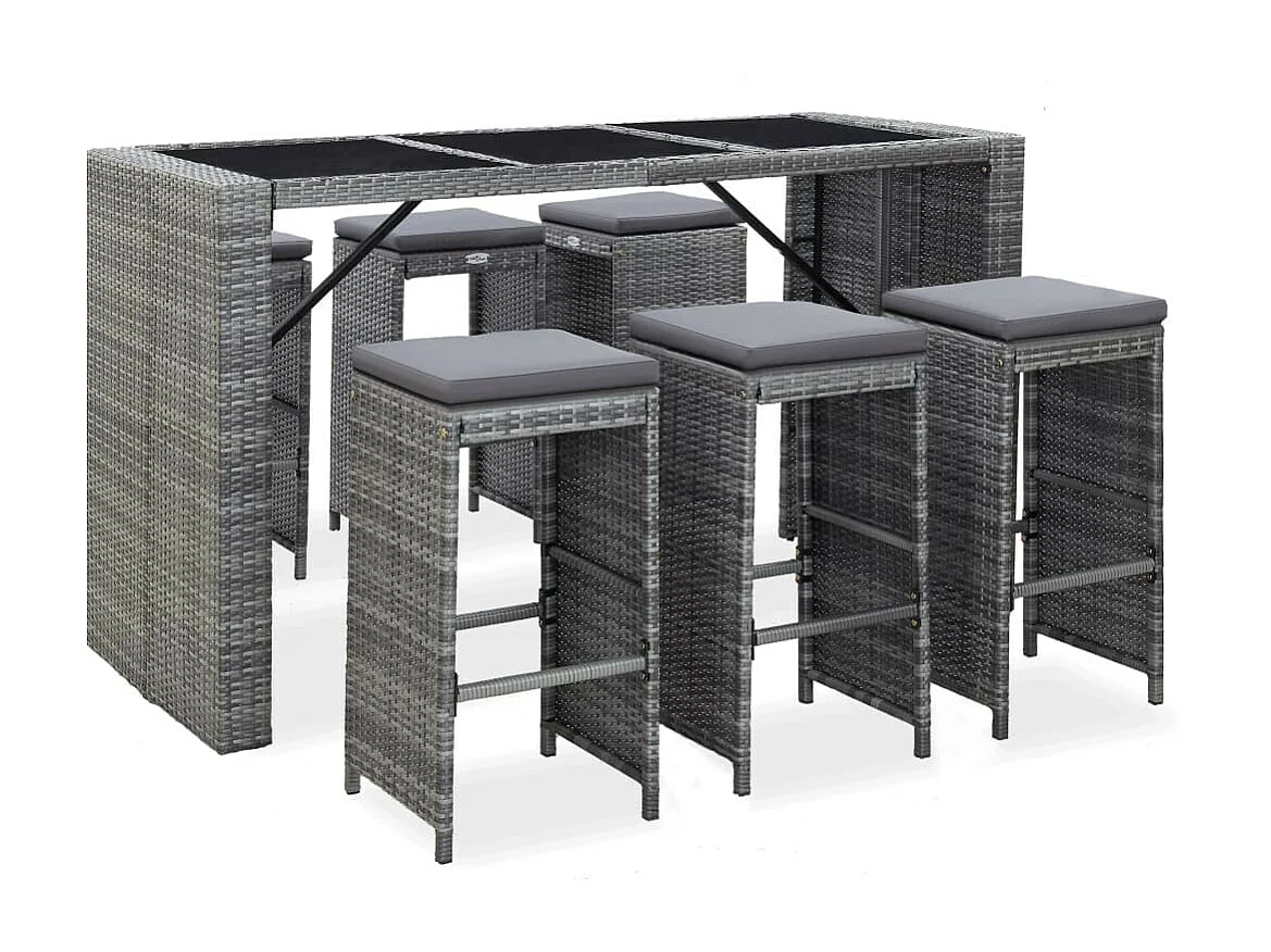 Meuble de bar de jardin 7 pcs et coussins Résine tressée Gris