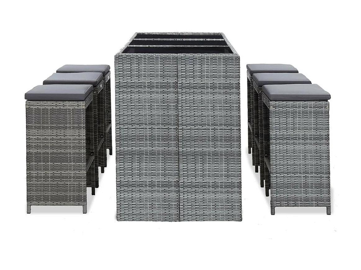 Meuble de bar de jardin 7 pcs et coussins Résine tressée Gris