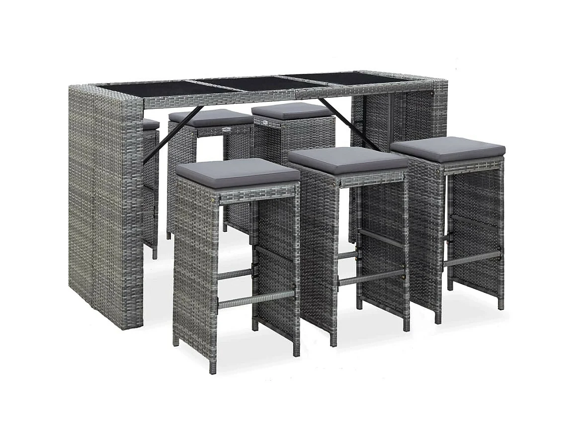 Meuble de bar de jardin 7 pcs et coussins Résine tressée Gris