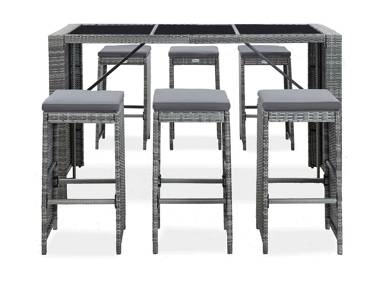 Meuble de bar de jardin 7 pcs et coussins Résine tressée Gris