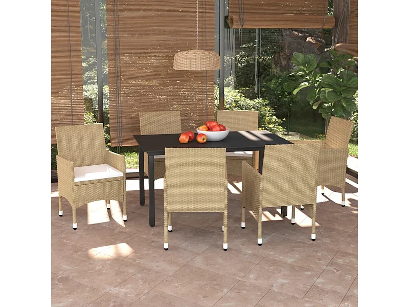 Meubles à dîner de jardin et coussins 7 pcs Poly rotin Beige