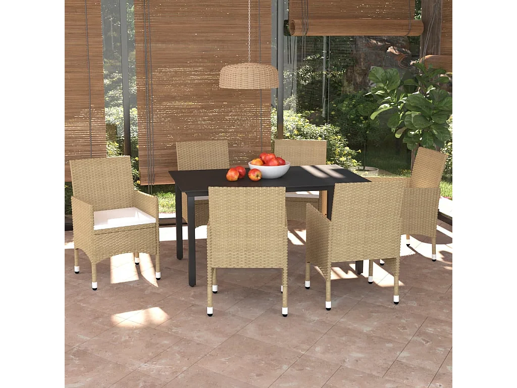 Meubles à dîner de jardin et coussins 7 pcs Poly rotin Beige